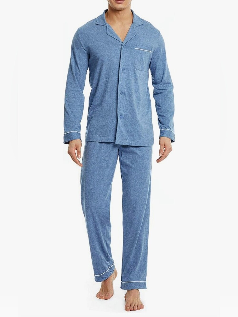 David Archy Men's Blue Long Sleeve Button Cotton Pajama Set